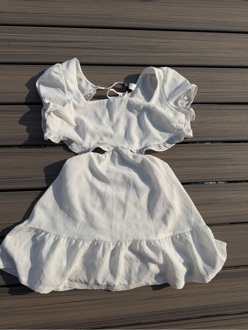 Divided White Mini Dress with Ruffle Hem and cutout waist open back